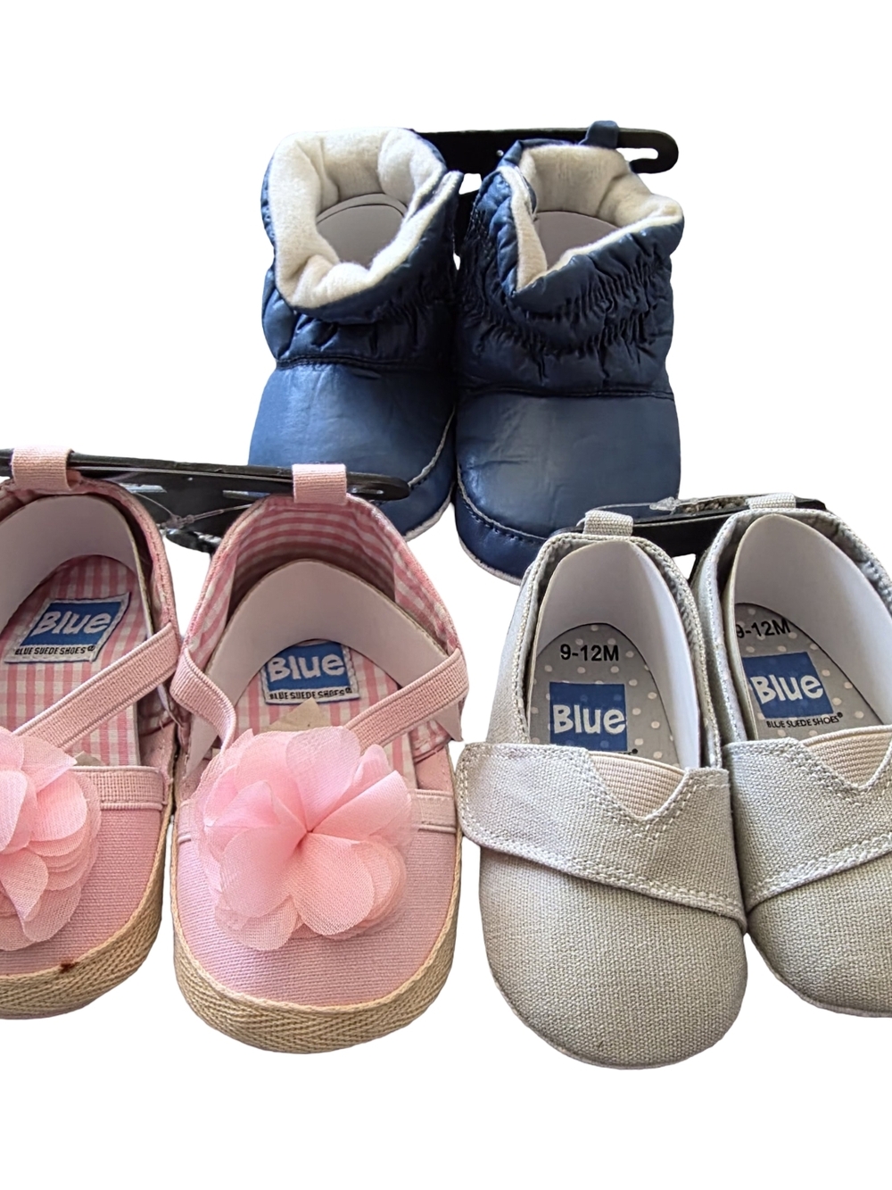 Baby Shoe Set - Pink Floral, Silver Slip-On & Navy Booties